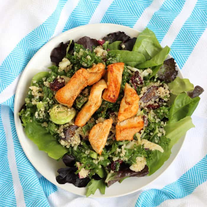 A goodie-filled salad inspired by a meal in Sedona, Arizona. This nourishing Sedona Quinoa Salad from @memeinge is full of veggies, quinoa, dried fruit, and more. This gluten free, dairy free salad recipe can easily be made vegan by substituting chickpeas for the chicken 
