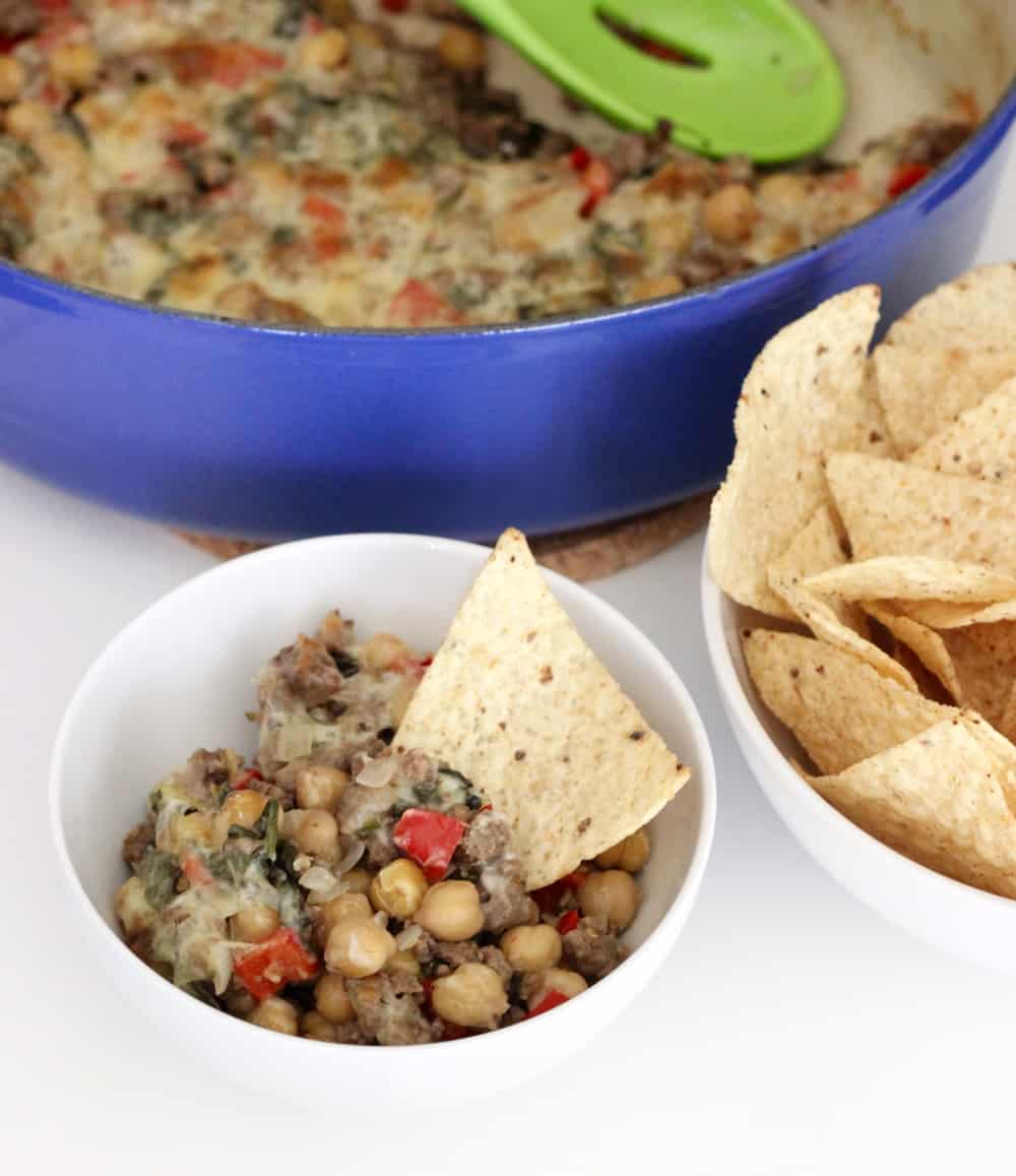 Cheesy Beef, Chickpeas and Veggies with a bowl of tortilla chips
