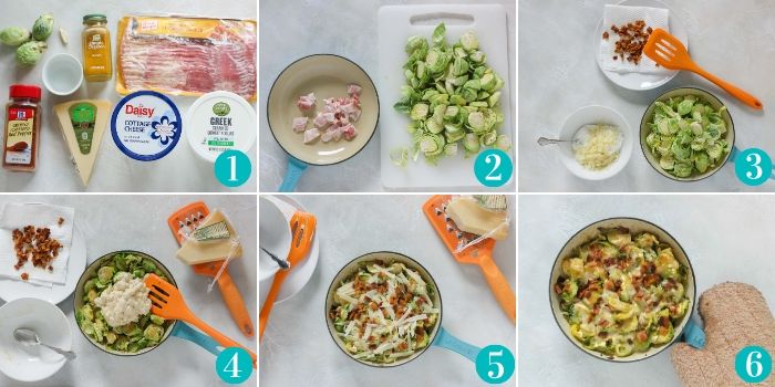 step by step photos making brussels sprouts dip in small teal skillet