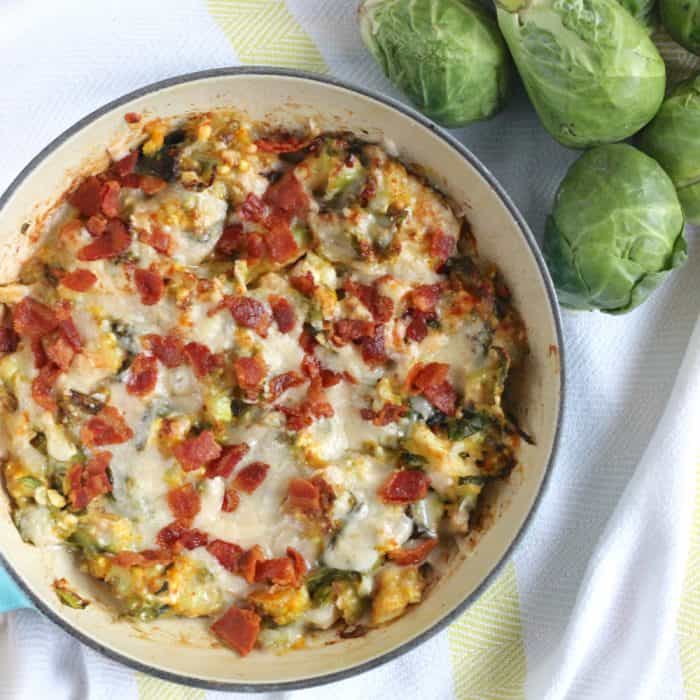 skillet with Brussels Sprouts Dip and fresh Brussels Sprouts 