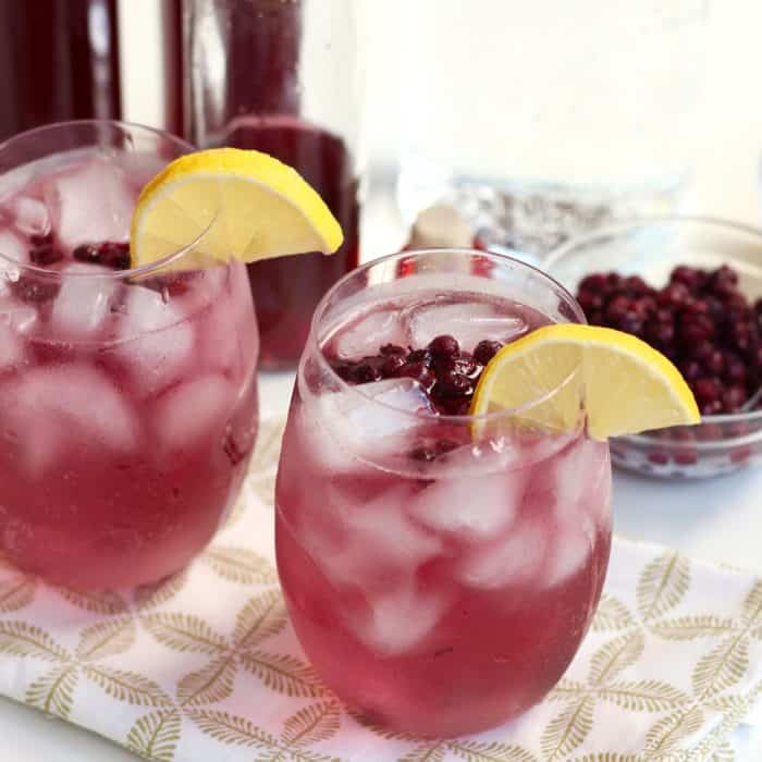 two purplish-blue cocktails made with Wild Blueberry Lemon Vodka and garnished with lemon slices, wild blueberries