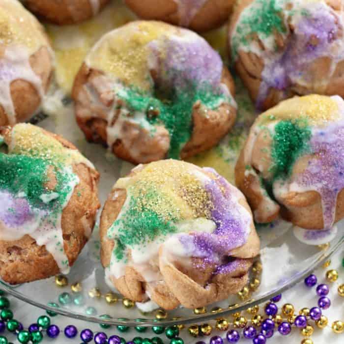plate of Mini King Cakes with purple, yellow, green sugar