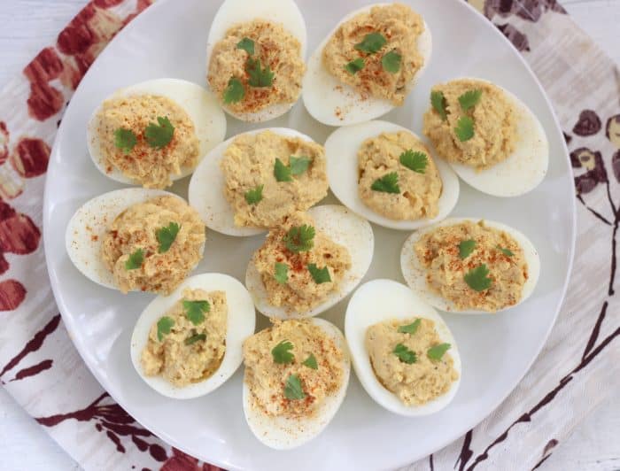 Easy Hummus Deviled Eggs - only 2 ingredients, mayo-free