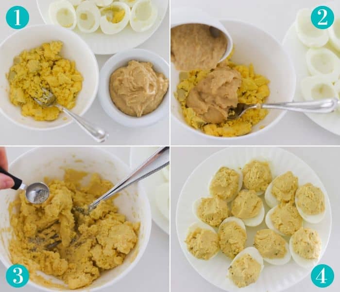 plate of hardboiled eggs, mashed yolk with eggs and hummus. Mixing spices into mixture then a plate of deviled eggs