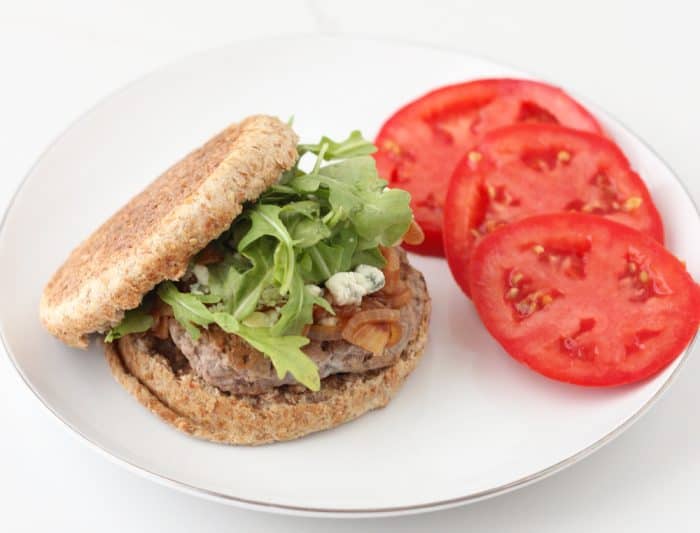 Blue Cheese, Caramelized Onion and Arugula Burger from Living Well Kitchen