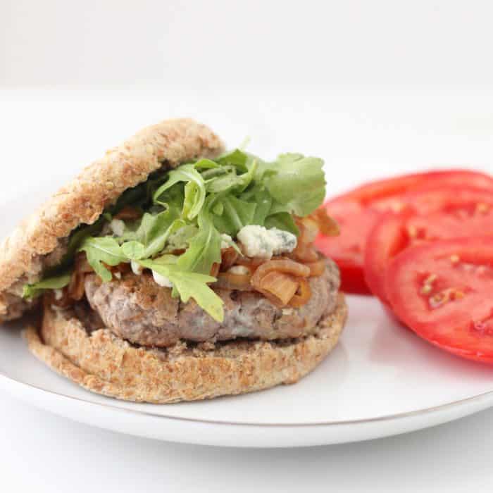 Blue Cheese, Caramelized Onion and Arugula Burger from Living Well Kitchen
