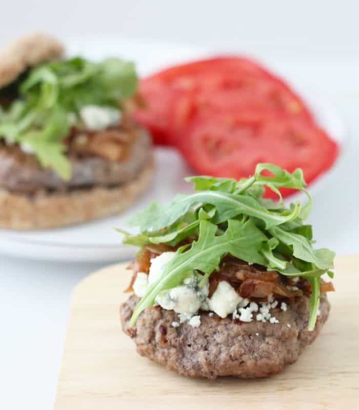 Blue Cheese, Caramelized Onion and Arugula Burger from Living Well Kitchen