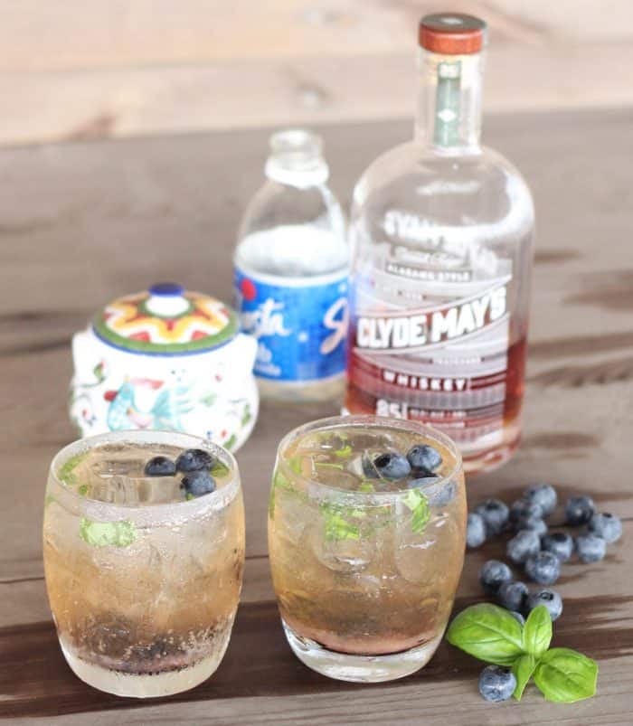 Blueberry Basil Bourbon Cocktails with bourbon, club soda, fresh basil and blueberries