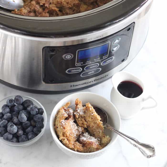 Slow Cooker with French Toast Casserole syrup and blueberries