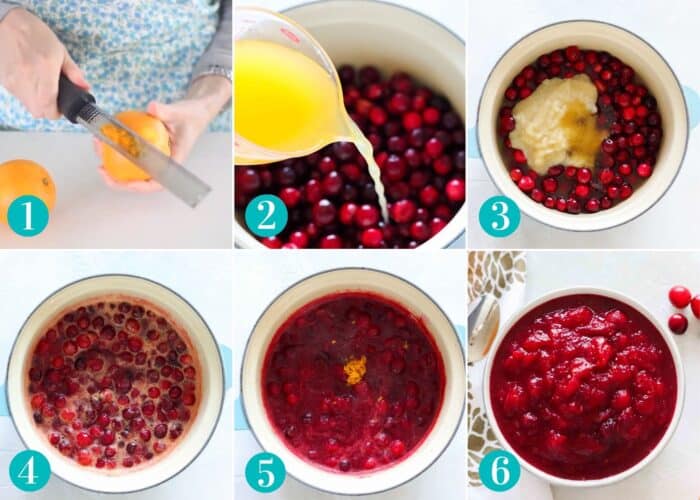 collage with photos of a person zesting an orange, orange juice pouring into a saucepan with fresh cranberries, a saucepan with cranberries, apple sauce, and honey, a saucepan with the cranberries boiling, a saucepan with the cranberry sauce finished and orange zest added, a white bowl filled with cranberry sauce
