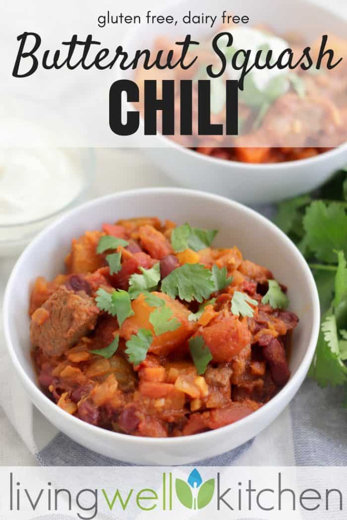Butternut Squash Chili from Living Well Kitchen is crazy delicious! Squash in your chili might sound strange, but it's a fun and vegetable-filled take on a favorite dinner recipe. This chili is definitely worth trying to shake up your regular chili routine! Gluten free, dairy free. #chili #onepot #butternutsquash #glutenfreerecipes #dairyfree #beef #dinnerrecipes via @memeinge