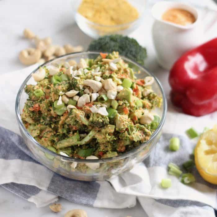 raw vegan broccoli salad with ingredients to make it