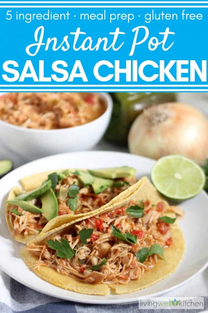 salsa chicken in tortillas with parsley, sliced avocados, and lime