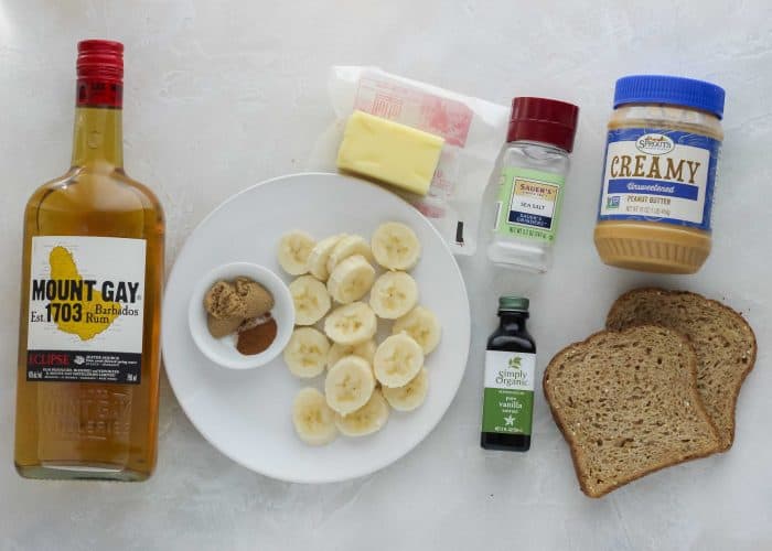 rum, cinnamon, brown sugar, sliced bananas, butter, salt, vanilla, peanut butter, bread