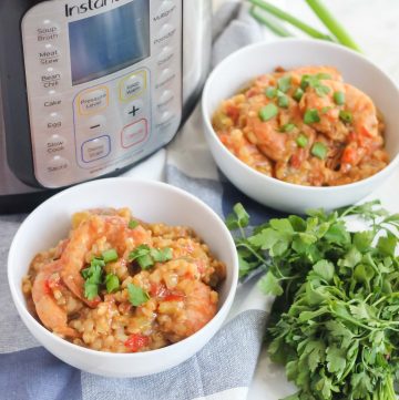bowls of jambalaya with parsley and instant pot