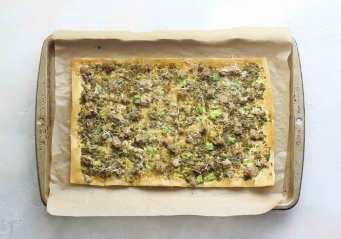 phyllo dough baked with pesto, meatballs, cheese, green onions