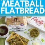 flatbread on white plate with tea, frozen meatballs, phyllo dough, parmesan cheese, pesto, and green onions