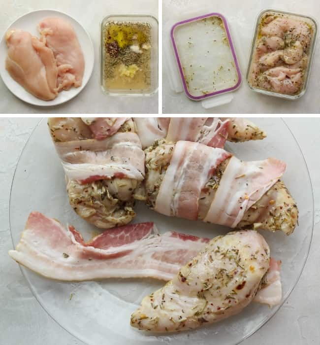 raw chicken breast with marinade, marinated chicken breast, wrapping bacon around chicken