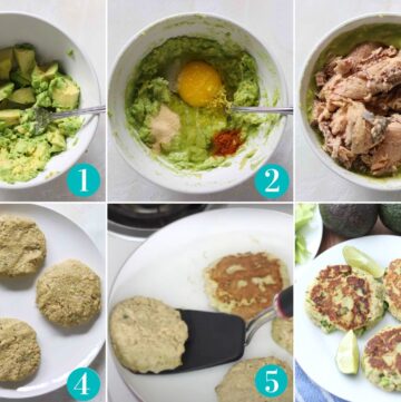 collage of 6 photos with: white bowl with mashed avocado; mashed avocado, egg, spices; mashed avocado with canned salmon; four salmon burgers on white plate; black spatula flipping a salmon burger; three cooked salmon burgers on white plate with lime slice