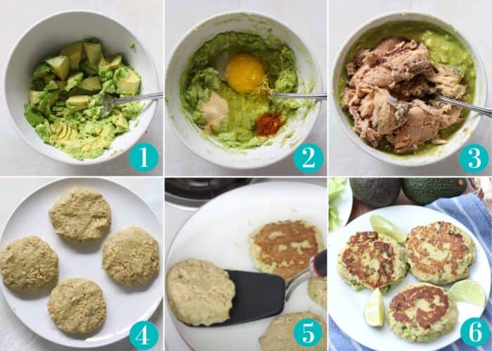 collage of 6 photos with: white bowl with mashed avocado; mashed avocado, egg, spices; mashed avocado with canned salmon; four salmon burgers on white plate; black spatula flipping a salmon burger; three cooked salmon burgers on white plate with lime slice