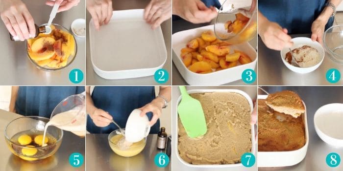 steps to make peach cobbler in white baking dish