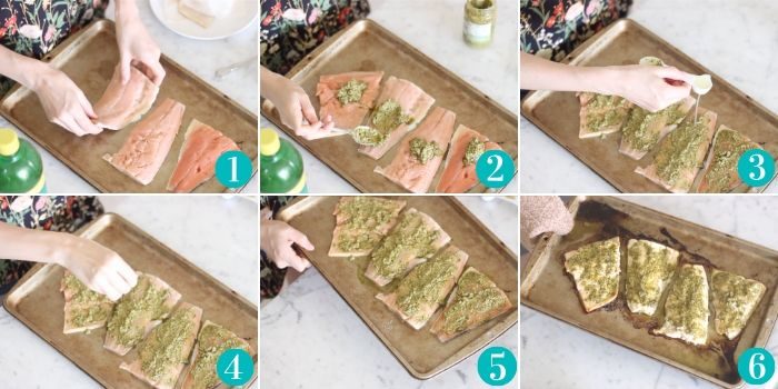 step by step photos of making pesto salmon. Placing salmon on baking sheet, covering with pesto, topping with lemon juice and salt, transferring to oven then removing from oven