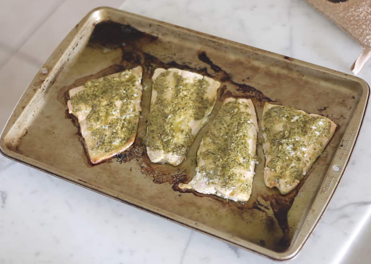 pesto covered salmon on a baking dish from the oven