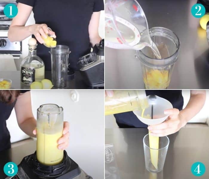 hands putting pineapple in blender cup, tequila poured into blender cup, mixture being blended, and mixture being poured through a funnel into popsicle molds