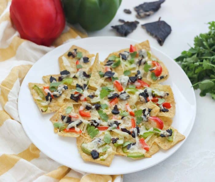 yellow striped towel with white plate of beef jerky nachos and beef jerky, cilantro, bell peppers