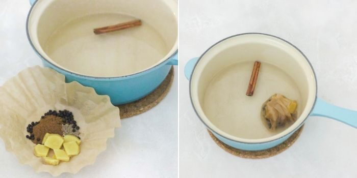 photo collage of spices and sliced ginger in coffee filter next to saucepan with water and cinnamon stick