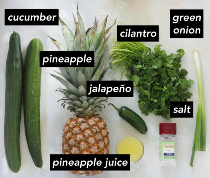 cucumbers, pineapple, pineapple juice, jalapeño, cilantro, salt, green onion