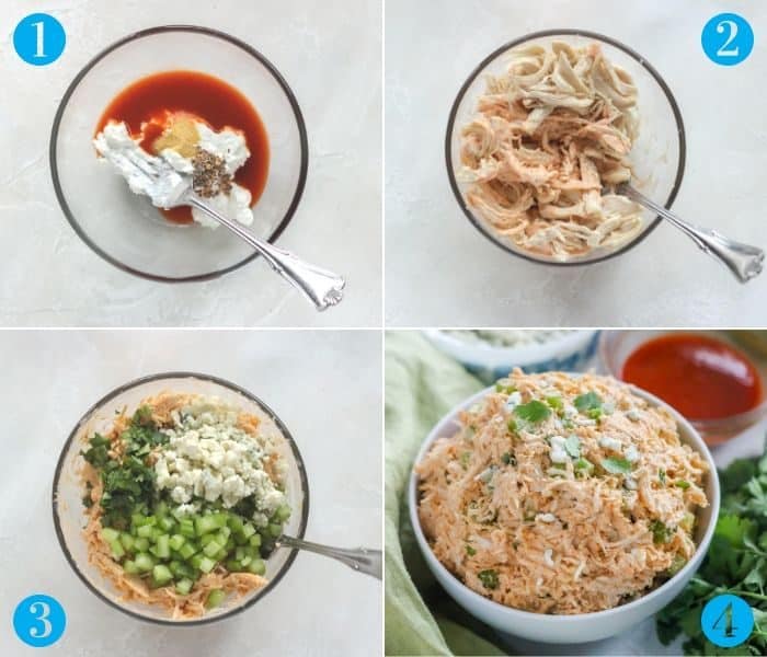 collage of steps to make buffalo chicken salad: stir yogurt and wing sauce, add chicken, add cheese parsley and celery, finished chicken salad