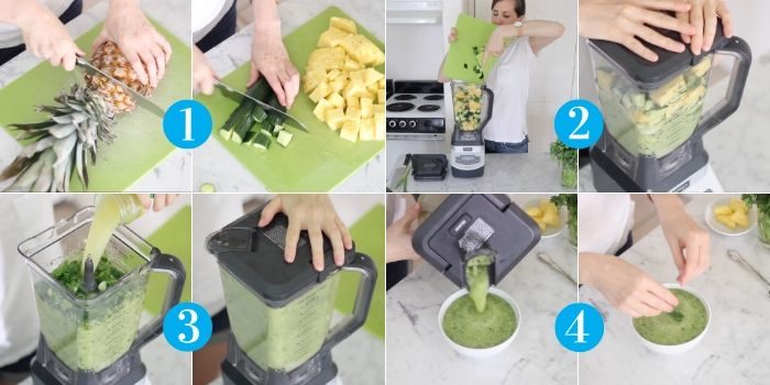 steps to make pineapple cucumber gazpacho: chopping pineapple and cucumbers, putting in a blender and blending, adding pineapple juice and blending, pouring into a bowl and topping with cilantro