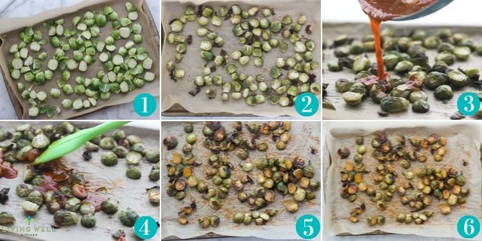 step by step photos to make buffalo Brussels sprouts by roasting them on a baking sheet then stirring buffalo sauce onto them