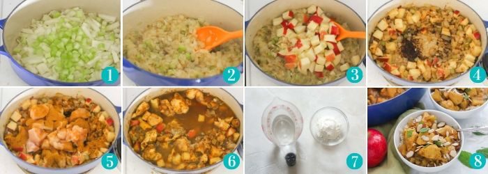 how to make chicken and apple curry step by step photos in blue pot on stove