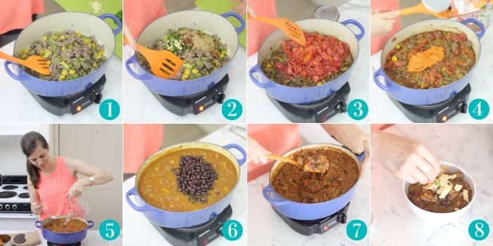 step by step photo college cooking pumpkin chili in a blue pot with orange spatula