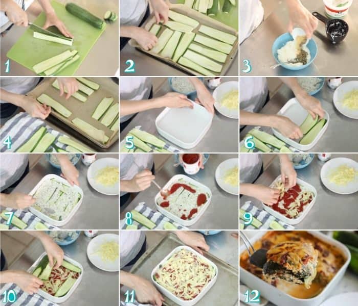 steps to make zucchini lasagna by slicing, baking, stirring together ricotta and spices, then layering and baking.