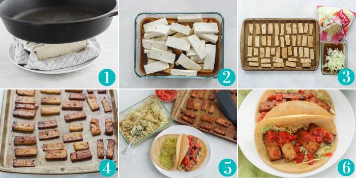 steps to make tofu tacos by pressing the tofu, marinating it, baking it and serving