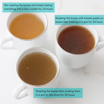 three cups of bone broth with words overlay describing how they were made