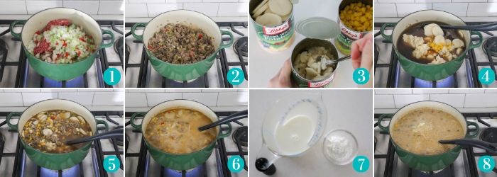 step by step photos making cheeseburger soup on a stove in a green pot