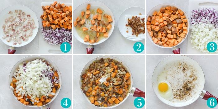 step by step photos with sweet potatoes and onions cooking in skillet to make hash