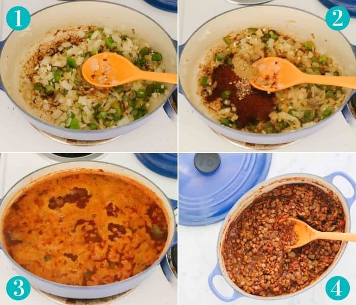collage with four photos showing a blue pot on a stove sauteing onions and bell peppers then adding spices then adding liquid and lentils and the finished pot of chili with an orange spoon