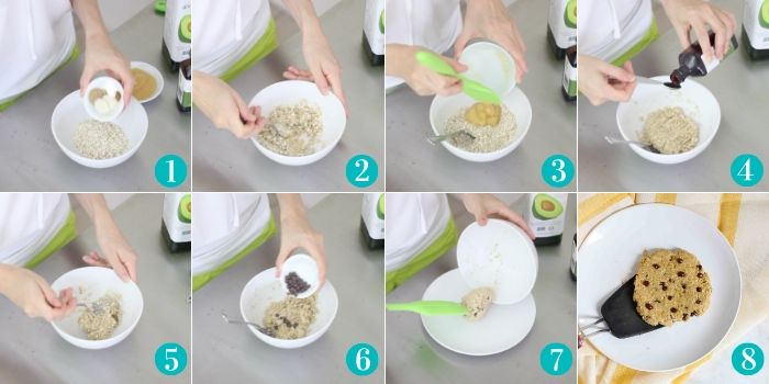 photos showing step by step how to make an oatmeal cookie in the microwave