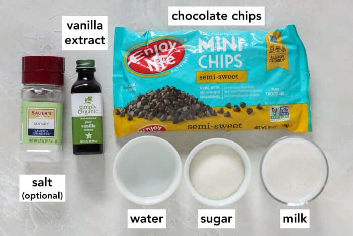 salt, vanilla extract, water, sugar, milk, chocolate chips with text overlay