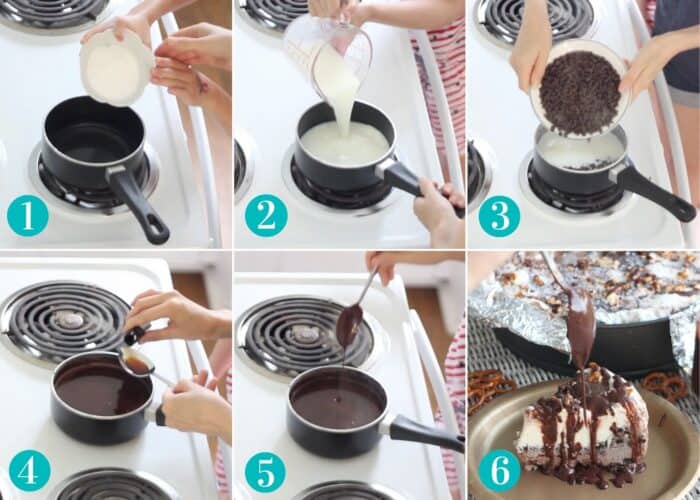 pouring sugar into small saucepan, adding milk, adding chocolate chips, adding vanilla extract, stirring together, drizzling chocolate sauce over ice cream pie