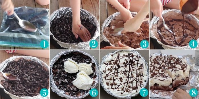steps to make ice cream pie by crushing oreos, pressing them into a springform plan, fill with ice cream, cover in chocolate sauce, top with cookies then more ice cream and candy, freeze then serving