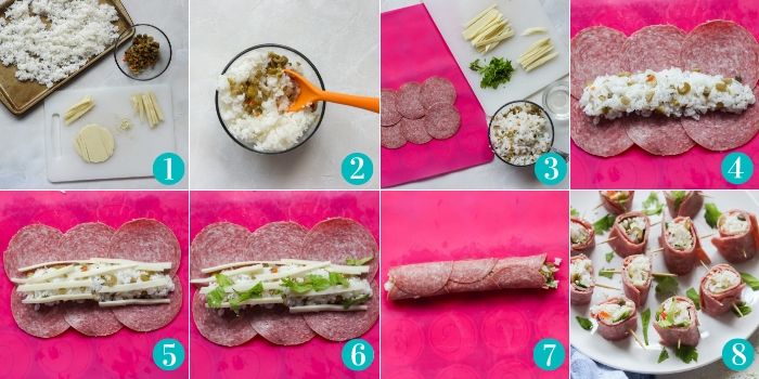 step by step photos of making beef sushi using a pink baking liner
