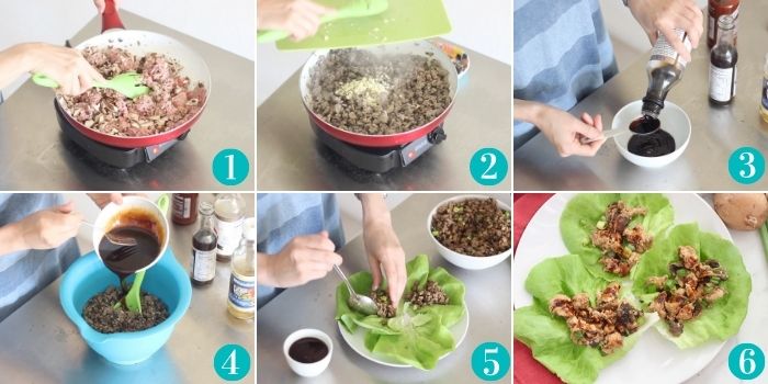 six frame collage with skillet of mushroom and ground turkey cooking then adding garlic and ginger. Stirring together sauce ingredients then pouring over cooked turkey in a blue bowl. Plate with lettuce wraps