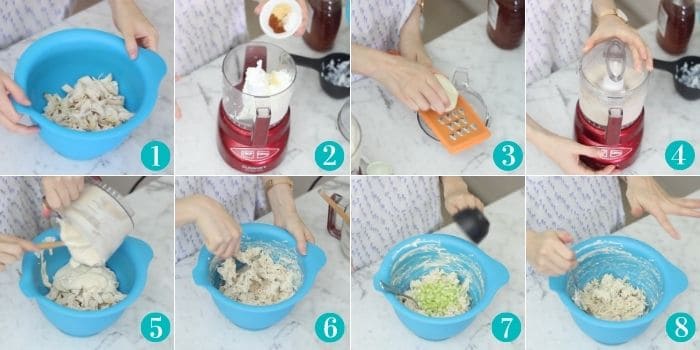 collage of photos with chicken in a bowl, spices and cottage cheese in a food processor, grating onion, blending together, pouring mixture over chicken, stirring together, adding celery, bowl of chicken salad