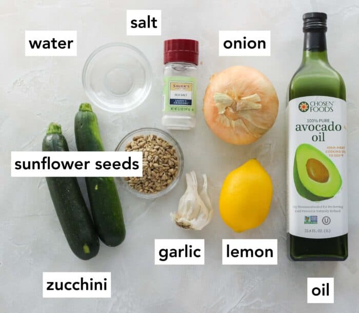 water, salt, onion, sunflower seeds, zucchini, garlic, lemon, oil